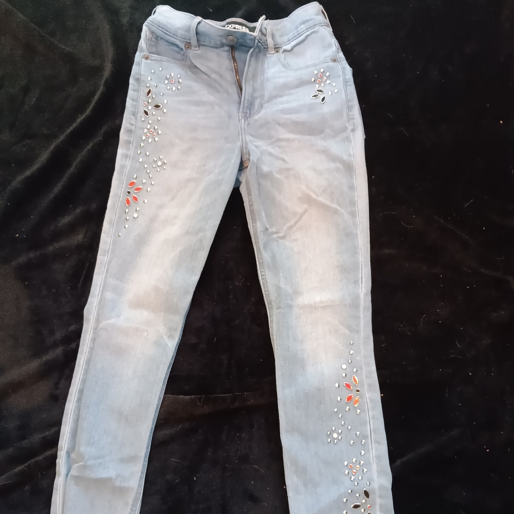 Express Light Blue Embroidered Skinny Jeans